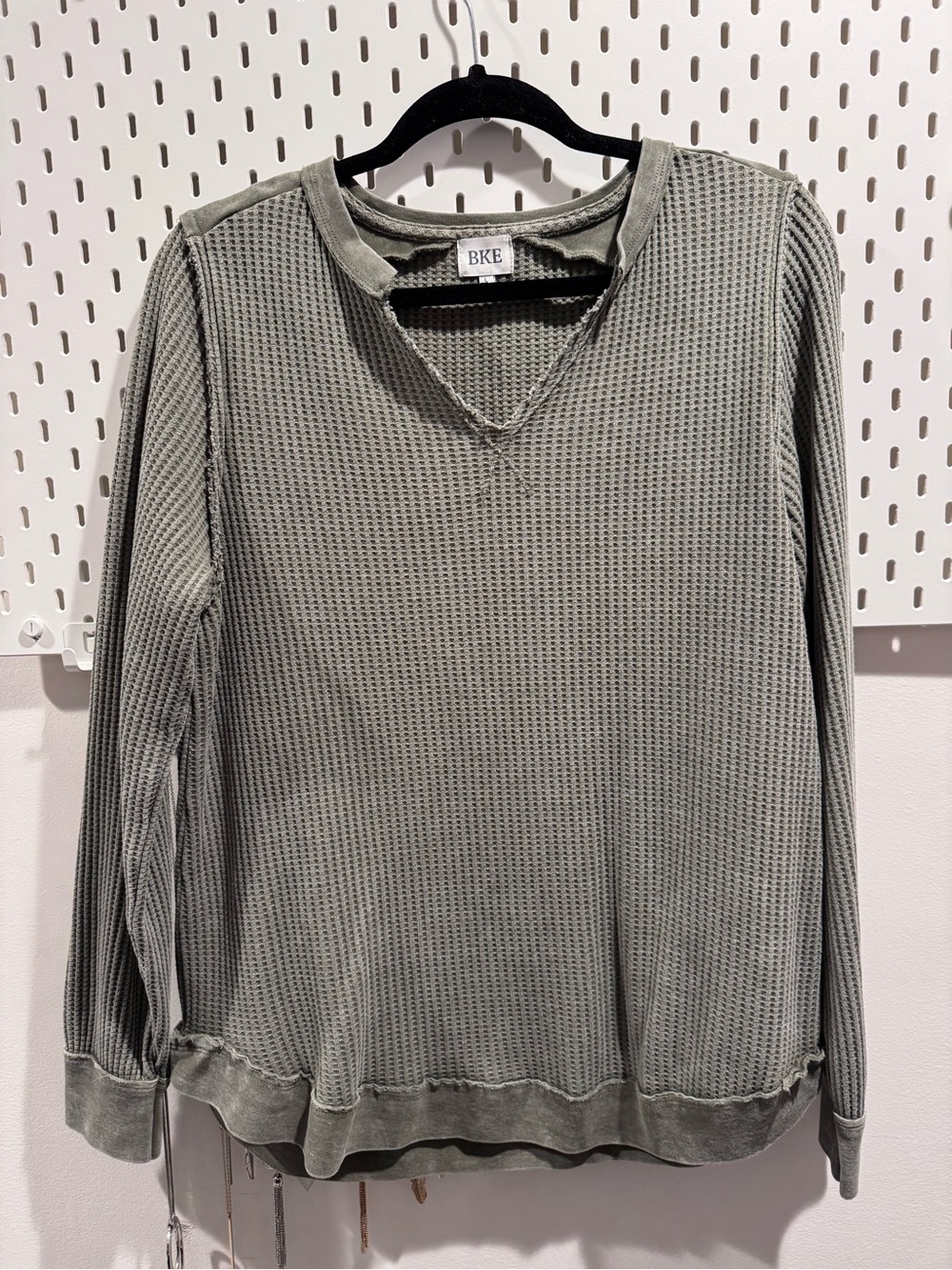 BKE Olive Green Waffle-Knit Long Sleeve Pullover